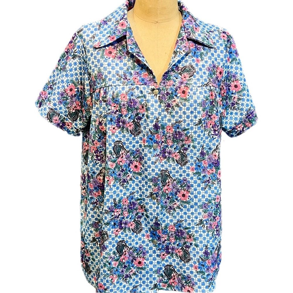 VINTAGE 70s flower bouquet polyester house leisure lounge shirt snap front‎
